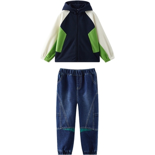 MQD童装男童春装套装春秋款儿童摇粒绒外套牛仔裤中大童两件套