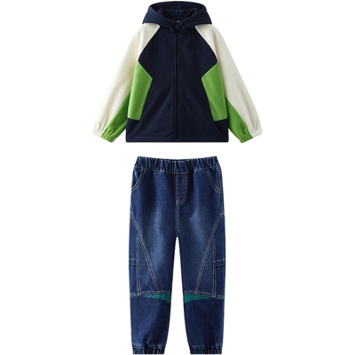 MQD童装男童春装套装春秋款儿童摇粒绒外套牛仔裤中大童两件套