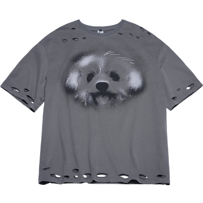 STILLYOU个性朦胧小狗破洞T恤