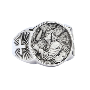 经典复古圣像浮雕十字架简约设计立体个性定制925纯银男士戒指