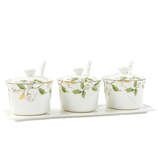 金岚玉唐山骨瓷调味罐调料盒调味瓶罐香榭丽舍调料罐三件套带架带