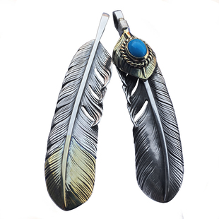 手工高桥吾朗925银吊坠羽毛项链男女高桥精工套装摇滚配饰项链潮