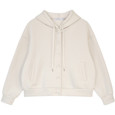 米杏色加绒连帽卫衣外套