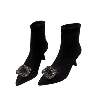 韩版方扣水钻精致名媛复古尖头时装短靴黑色绒面百搭裸靴瘦瘦靴女