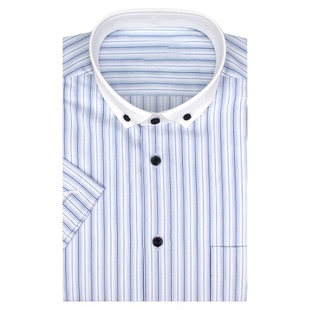 中年纯棉免烫白领蓝白条纹短袖衬衫男士商务圆领扣领拼领衬衣高档