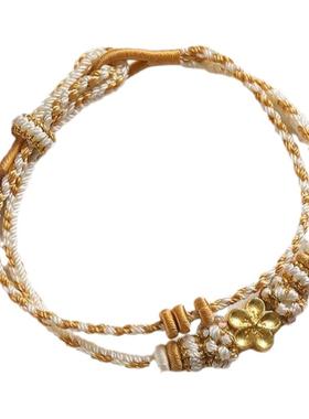 双层桃花线圈手绳可穿黄金手工编织绳路路通可穿转运珠调节手链女