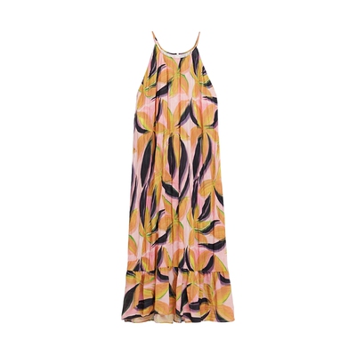 Desigual热带花卉印花圆领可调节细肩带长裙抽褶连衣裙