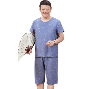 老年人睡衣男款夏季人造棉男士爸爸棉绸短袖套装爷爷大码冰丝薄款