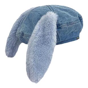 日系可爱兔耳朵贝雷帽牛仔布画家帽子女秋冬天ins学生卡通蓓蕾帽