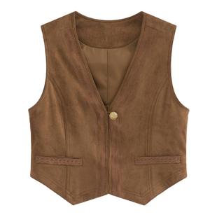 AZure法式复古麂皮马甲重工7万针刺绣背心美拉德色系百搭气质上衣