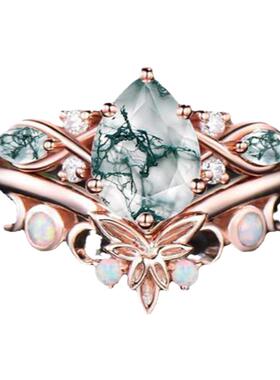 18K金复古天然绿色苔藓玛瑙戒指