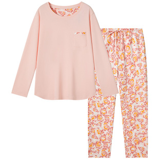 SCHIESSER舒雅女士纯棉玫瑰花朵印花圆领亲肤宽松睡衣家居服套装