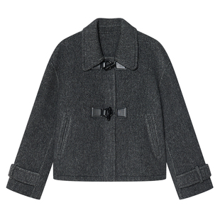 Goodland美地灰色牛角扣翻领大衣外套女短款羊毛羊驼毛LC34510210