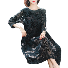 大码贵夫人丝绒碎花春秋装连衣裙1