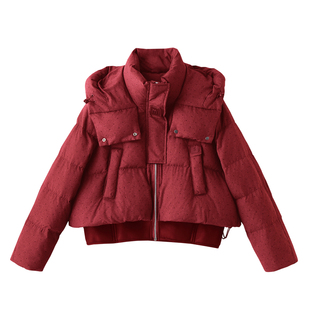 ERAL艾莱依立领短款羽绒服女宽松加厚白鸭绒面包服胖妹妹显瘦外套