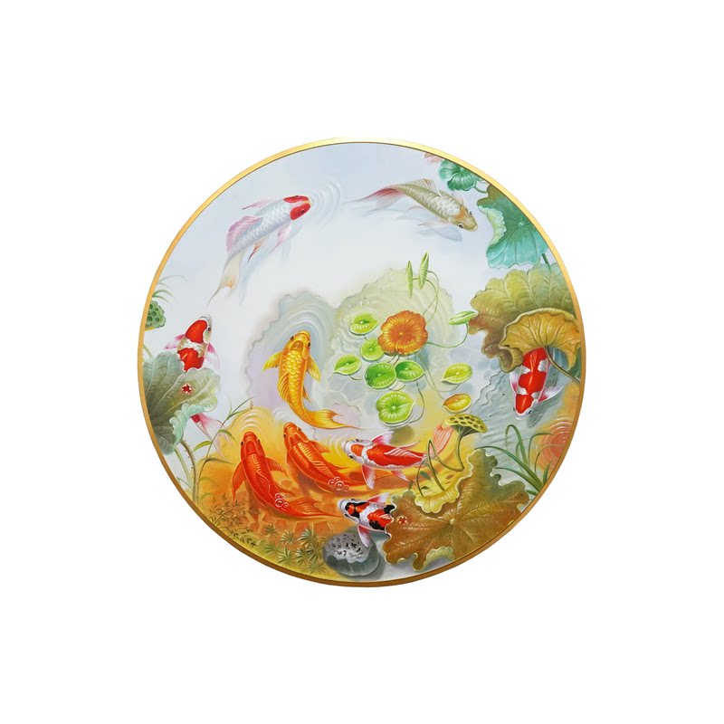九鱼图手绘油画圆形新中式客厅挂画餐厅玄关装饰画背景墙锦鲤壁画