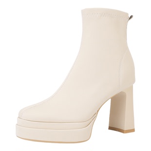 白色短靴女款小个子粗跟高跟鞋防水台女靴2026新款时尚方头瘦瘦靴