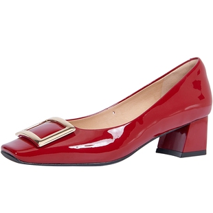 商场同款百田森春秋新款牛漆皮法式单鞋女粗跟方头真皮单鞋