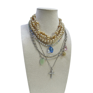 atmshop重工香槟色多层仿珍珠choker十字架叠戴巴洛克甜酷项链组