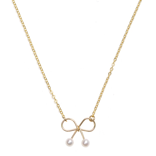 DL俏皮可爱 14k包金手工蝴蝶结天然珍珠颈链项链 choker锁骨链