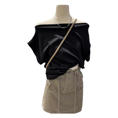 黑色高级感一字肩半袖T恤女夏季