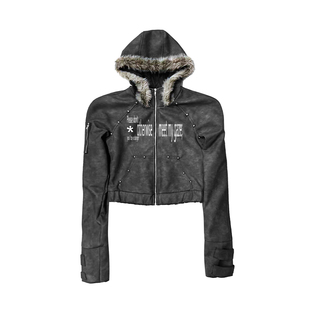 美式高街皮衣外套女秋冬新款铆钉毛领连帽短款夹克视觉系上衣y2k