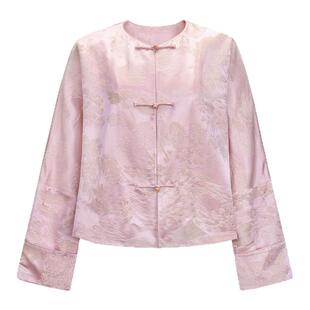 莨西子新中式国风桑蚕丝粉色短款外套女2026春夏新款减龄复古上衣