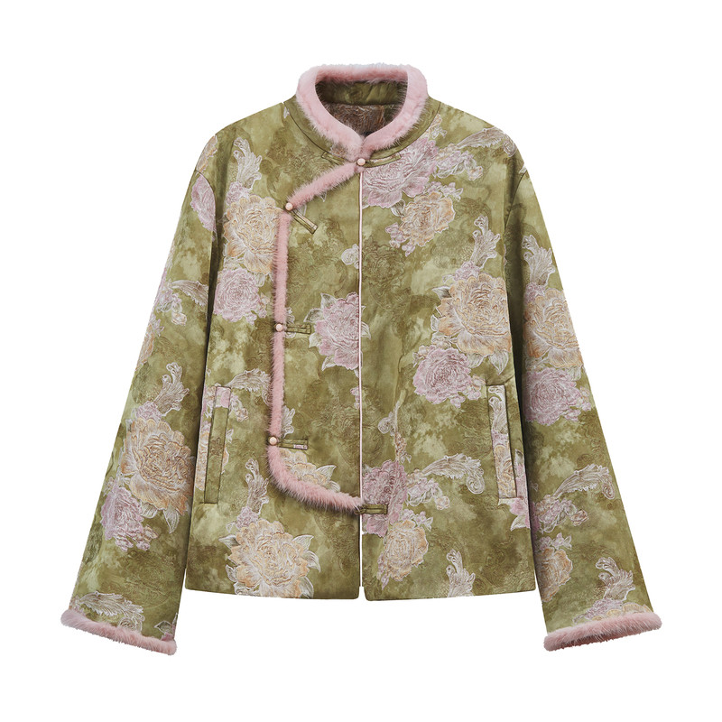 如意连云【疏菀】新中式琵琶襟立领水貂毛夹棉外套女冬款棉服上衣