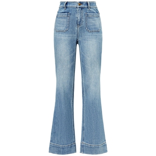 FF仿佛牛仔裤2025年秋季新款复古休闲水洗高腰双口袋设计女微喇裤