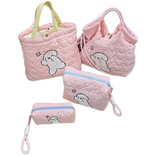 线条小狗笔袋女大容量学生笔袋便携小狗印花化妆包卡通休闲手提包