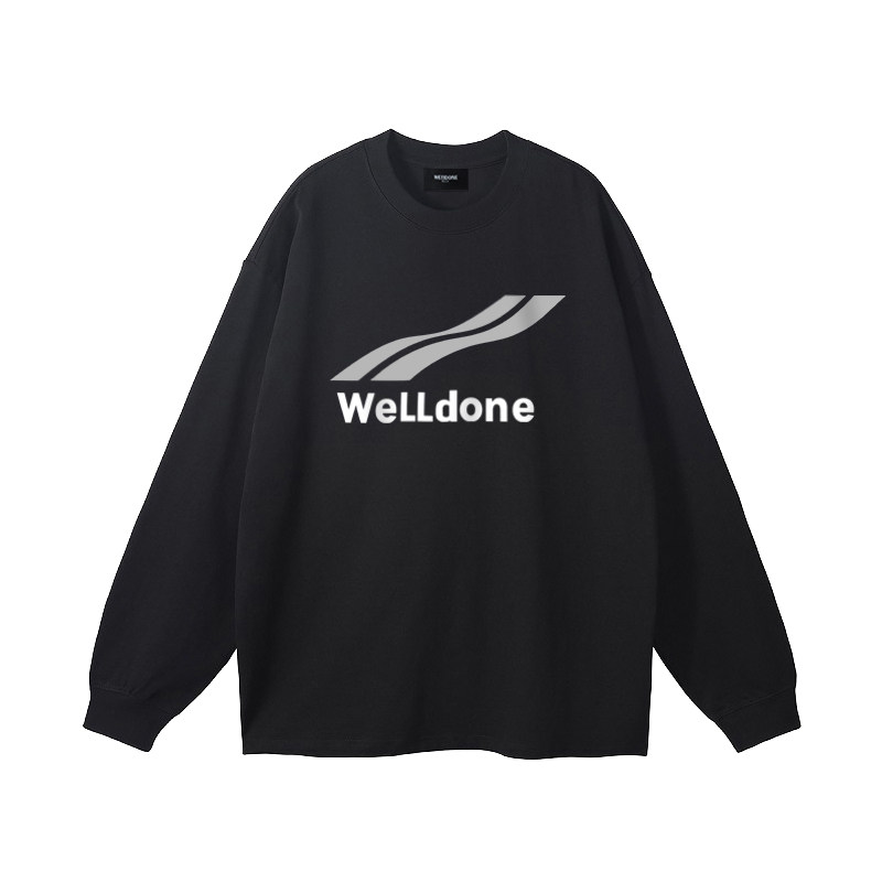 waikei welldone长袖t恤男女印花波浪字母小众潮牌情侣打底体恤衫