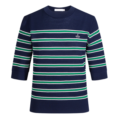 Navigare意大利小帆船春季新款休闲针织短袖高弹撞色条纹女T恤衫