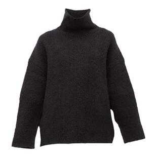 Hailey Bieber同款半高领长袖套头黑色羊毛衣宽松厚款新款