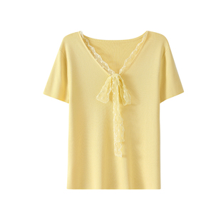 OSA欧莎蕾丝花边飘带V领针织小衫女夏季新款修身显瘦减龄短袖上衣