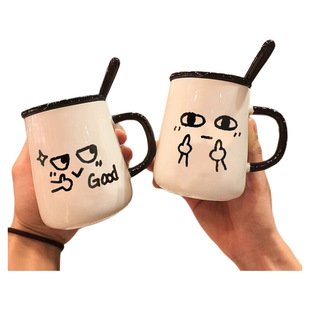 带勺子小众陶瓷杯子马克杯带盖子可爱搞怪家用水杯办公室咖啡杯