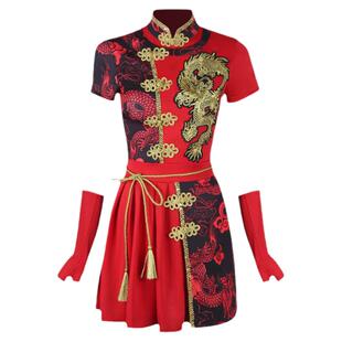 红色中国风大气开场舞表演旗袍演出服装年会女团舞台爵士舞蹈套装