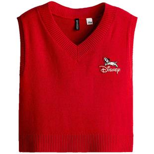 HM女装红色毛针织衫冬季新年战袍贴花毛衣背心1271058