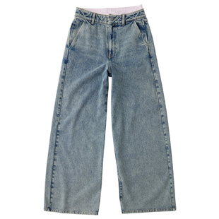 HERLIAN 2026年春季新品双腰头拼接女士阔腿显瘦水洗休闲牛仔裤