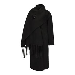 LACERTA2025秋季新款连身围巾羊毛双面呢长大衣女纯色简约外套