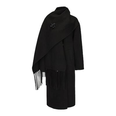 LACERTA2025秋季新款连身围巾羊毛双面呢长大衣女纯色简约外套