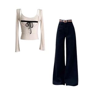 巨好看的冬装一整套甜辣妹纯欲风长袖上衣韩系黑色高腰牛仔裤套装