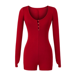 YoungGirlDay欧美辣妹性感圆领单排扣弹力修身显瘦长袖连体衣短裤