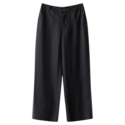 黑色亚麻直筒裤拖地裤