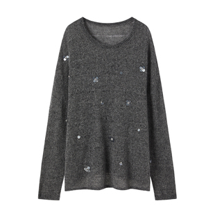 CROWNLESS未冕25秋新品马海毛梦幻微透手工钉珠圆领宽松毛衣女