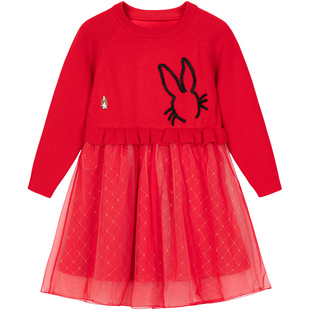 暇步士童装女童连衣裙秋冬新款小童甜美长袖裙儿童可爱网纱公主裙