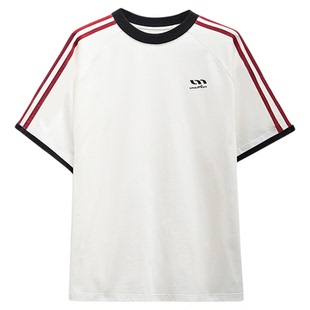 UMAMIISM 有茂密声2026新款美式复古条纹运动T恤夏季圆领短袖上衣