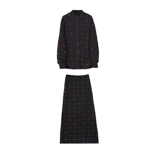 SailingLUO/25秋装新款新中式鎏金暗纹复古上衣+高腰长裙两件套