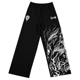 Breathedivinity美式宽松直筒长裤暗黑风酷炫大印花休闲健身裤棉