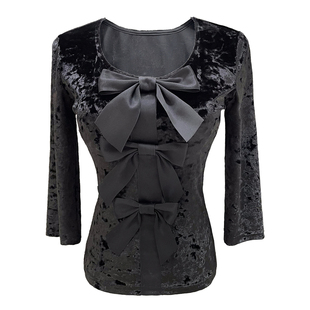 【珍妮小姐】内搭神器香奶奶 微弹7分袖钻石绒手工蝴蝶结上衣