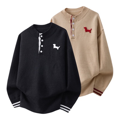 美式复古亨利领针织衫男女秋冬卡其色套头毛衣宽松慵懒风软糯上衣